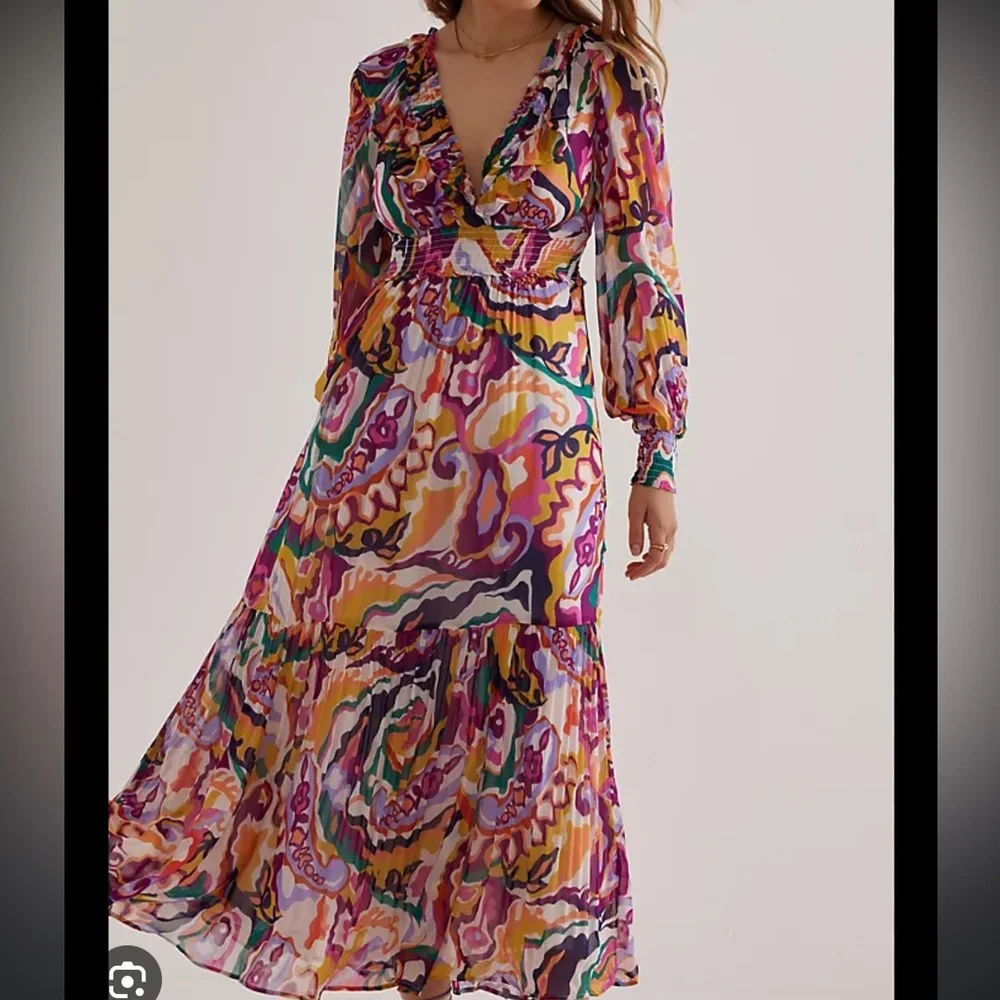 *By Anthropologie Ruffle V-Neck Long Sleeve Midi Dress - Picture 1 of 3